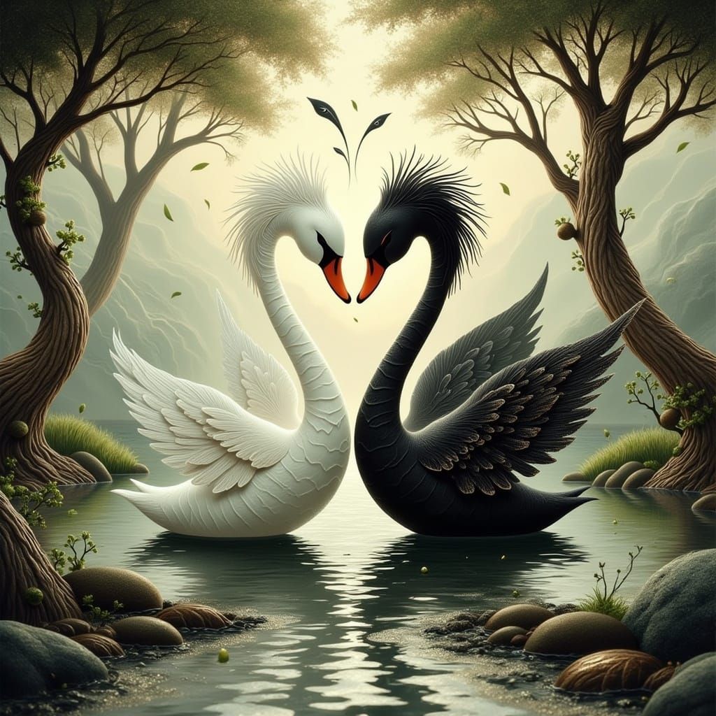 Swans Form Heart in Dreamlike Cloisonne Style