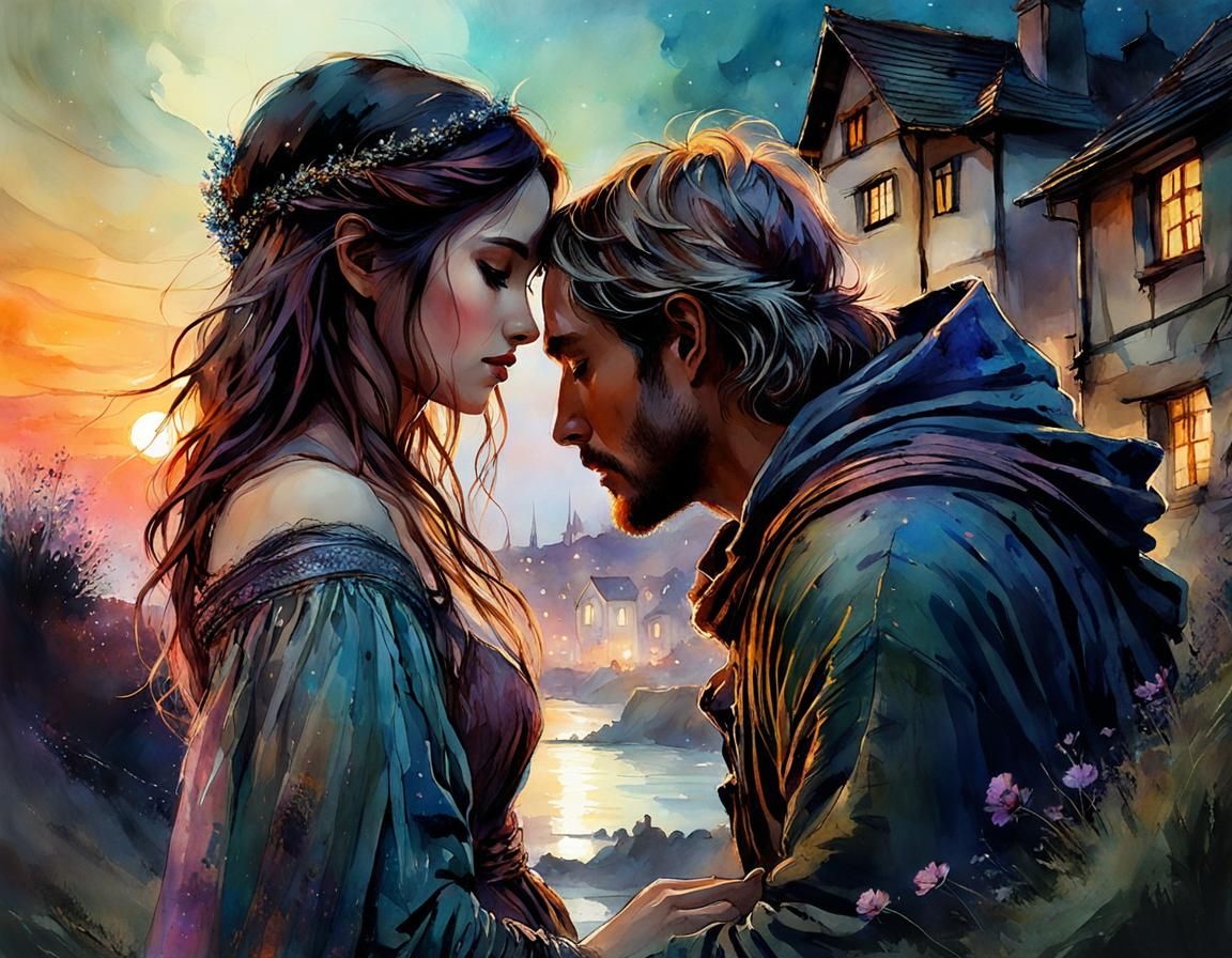 Fantasy Medieval Couple in Watercolor Style