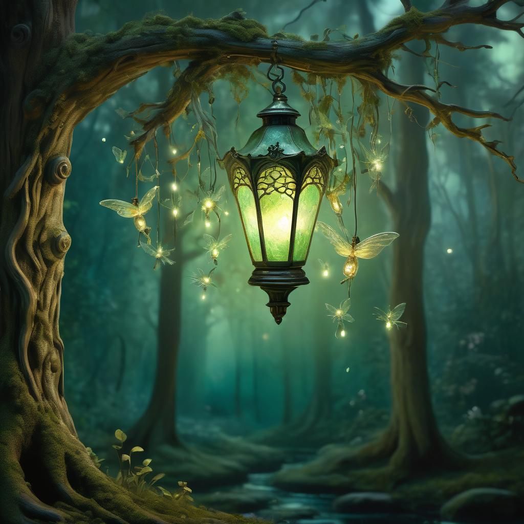 Fairies Drawn to Firefly Light in Victorian Lamp