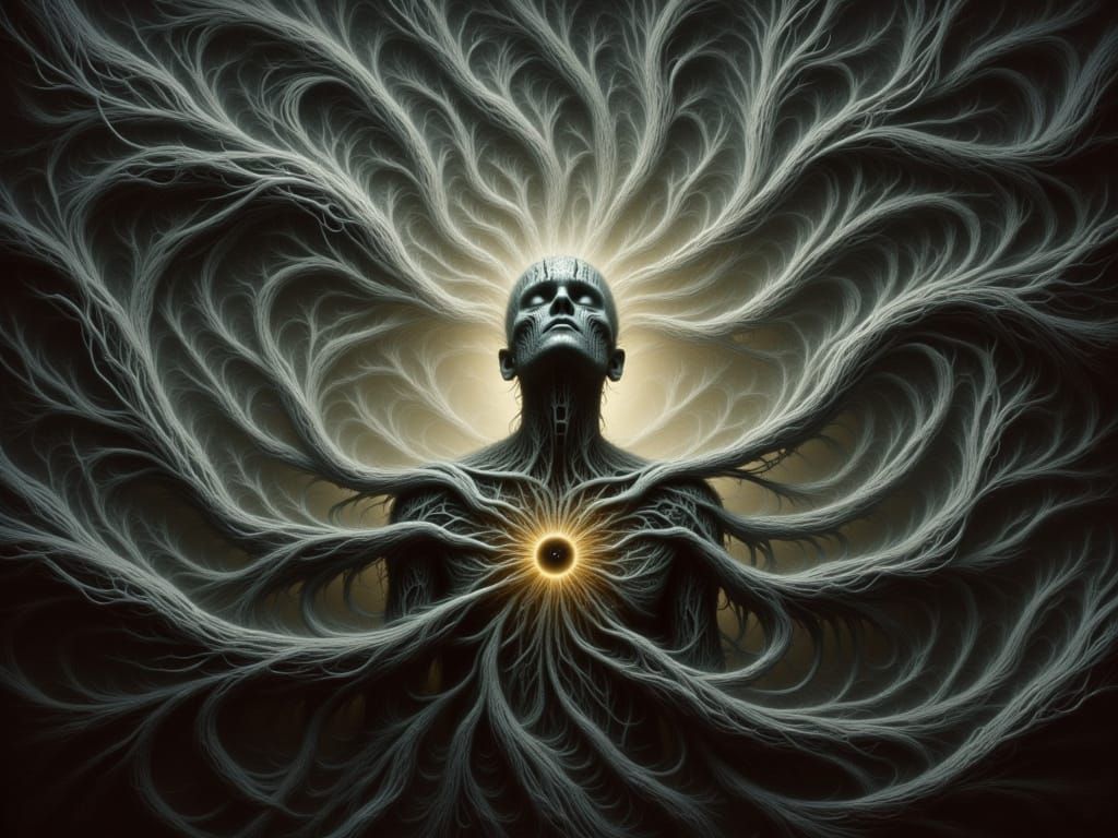 Overloaded Bioluminescent Nervous System in Surrealist Style