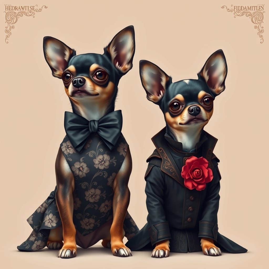 A photo of two chihuahuas dressed in elaborate clothing. The dog on the left is wearing a black dress with floral patter...