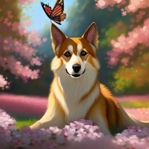 Dog Among Cherry Blossoms, Digital Art