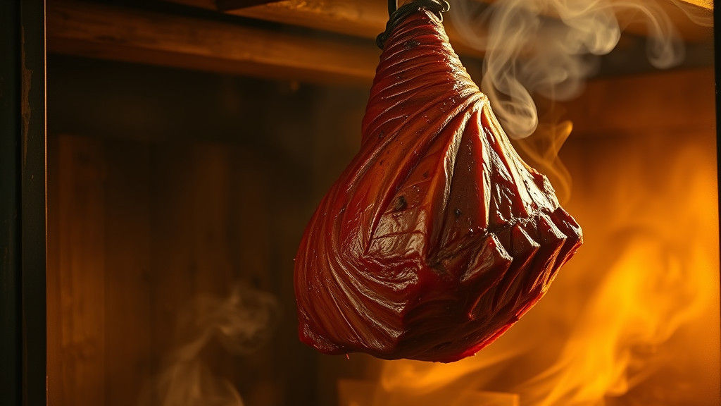 A Ham Suspended in Rustic Smoker
