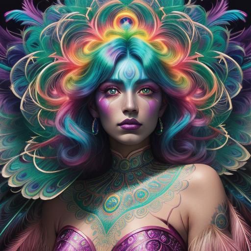 Rainbow Woman with Peacock Feathers in Astral Style
