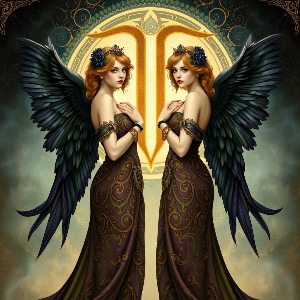 Ethereal Art Nouveau Portraits of Twin Sisters with Raven Wi...
