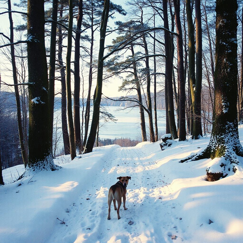 Winter Forest Path with Dog: Cinematic Matte Painting
