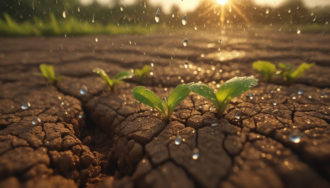 Macro Water Droplets on Cracked Soil in Sunlight