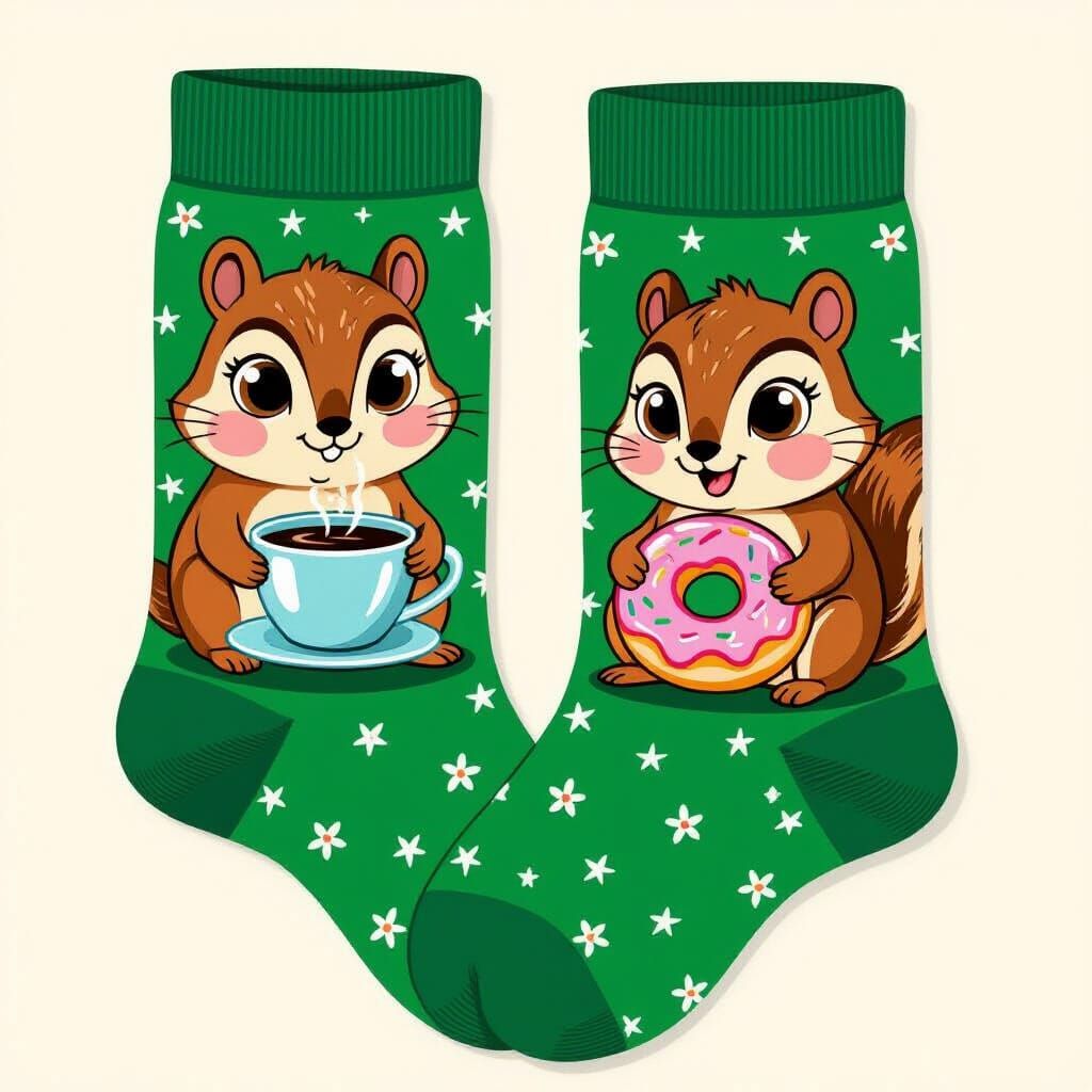 Chipmunk Coffee and Donuts on Green Socks