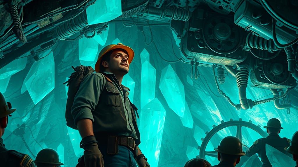 Adventurer Discovers Crystal Chamber in Steampunk Style