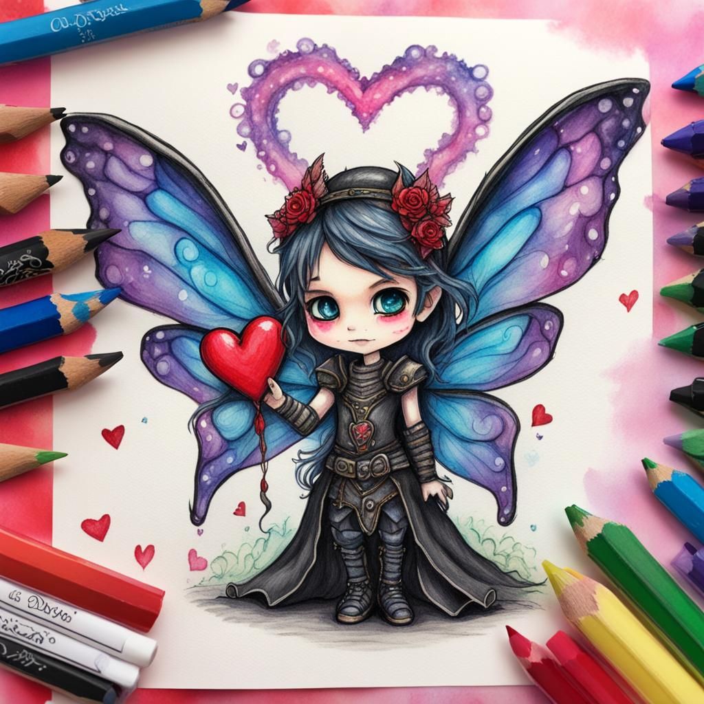 Chibi Goth Fairy Offers Heart to Dragon: Crayon Art