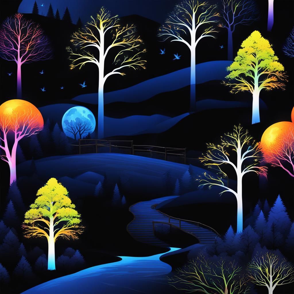 Fluorescent Forest Under a Bright Moon