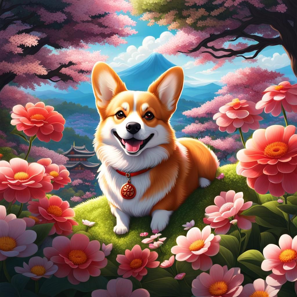 Smiling Japanese Corgi with Sparkles in Okami Style