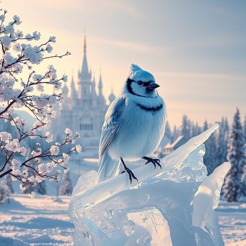 Vibrant White Blue Jay Ice Sculpture in Frosty Winter Wonder...