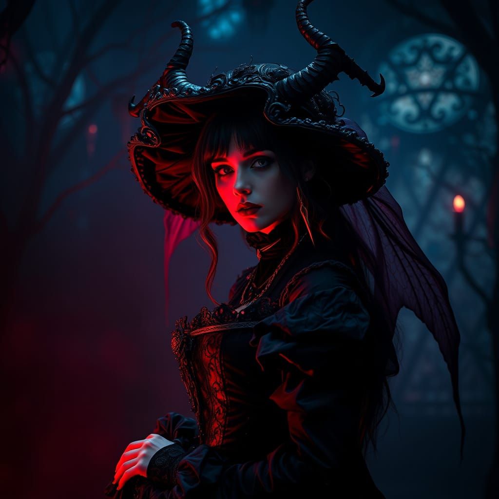 Dark Victorian Demoness Lilith in Crimson Hued Mystical Real...