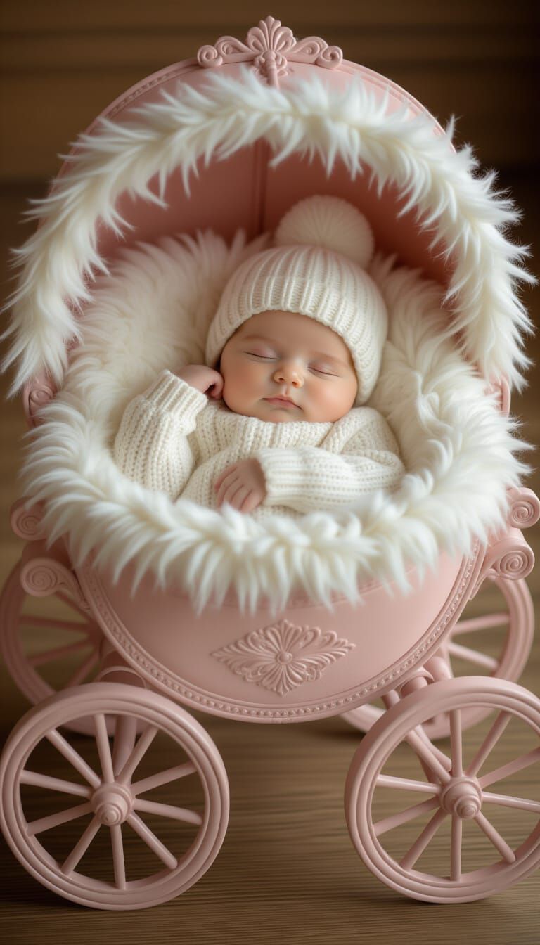 Peaceful Child Sleeping in Ornate Vintage Carriage Under Sta...