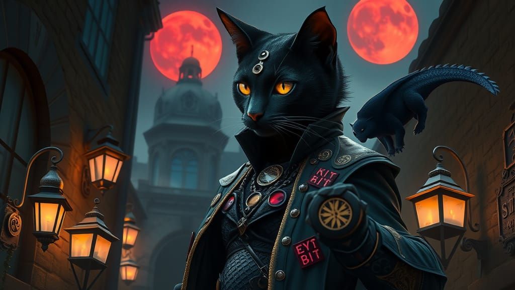 Steampunk Feline Rogue in Mystical Alleyway