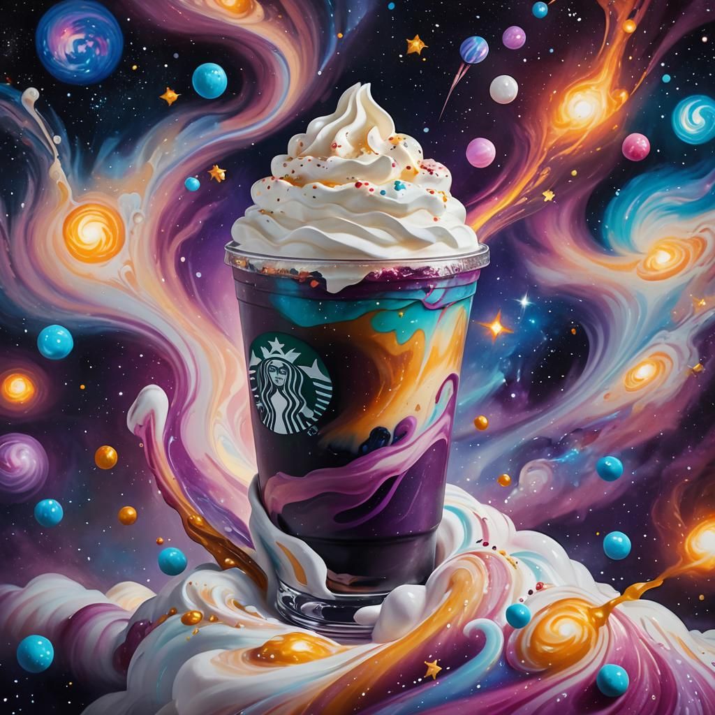 Galaxy Frappuccino in Space: Vibrant Oil Painting