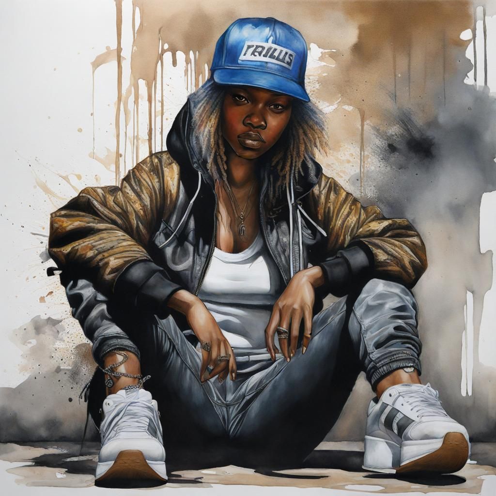 Hyperrealistic Watercolor of Rapper in Streetwear