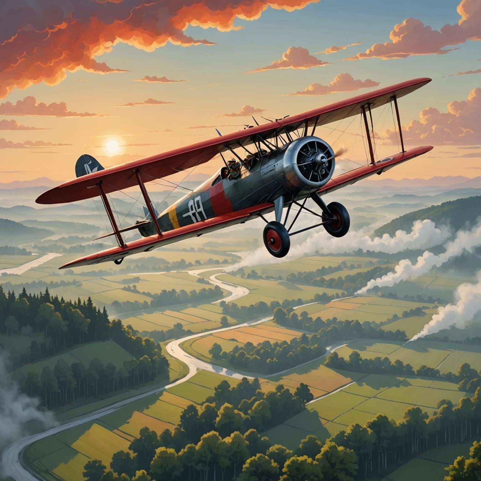 Biplane Soaring at Dawn in Photorealistic Style