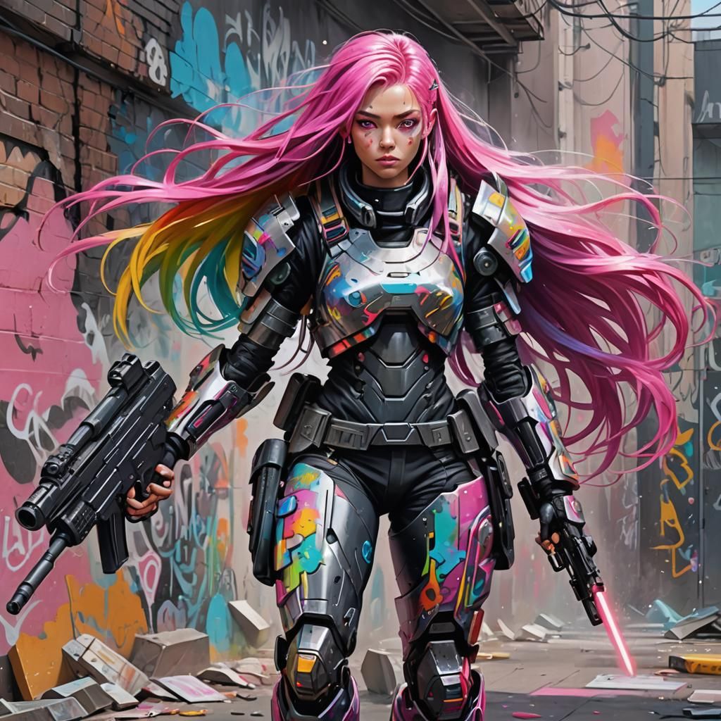 Futuristic Armored Woman with Rainbow Hair, Graffiti Art