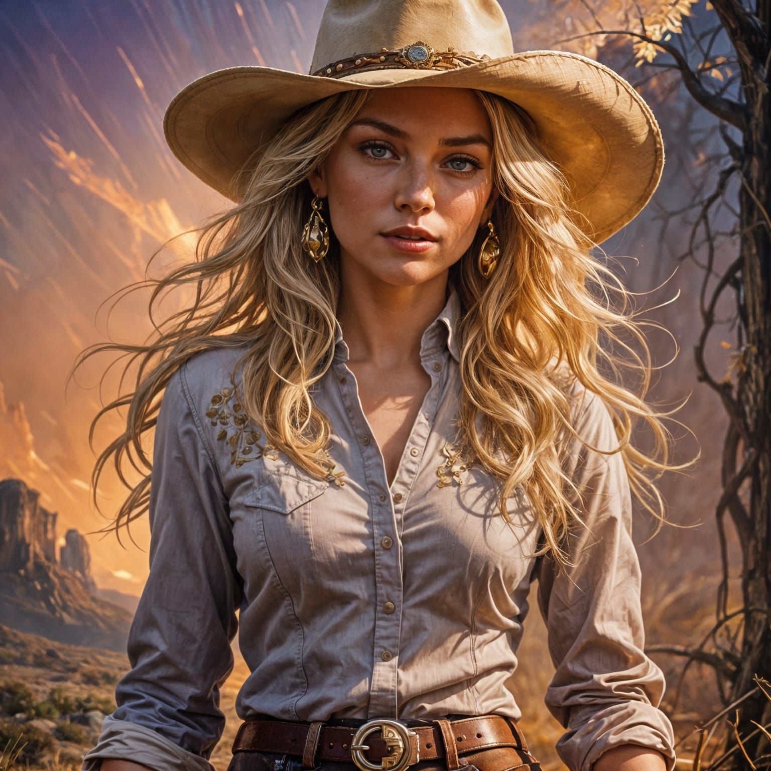 Photorealistic Cowgirl Portrait in Cinematic Style