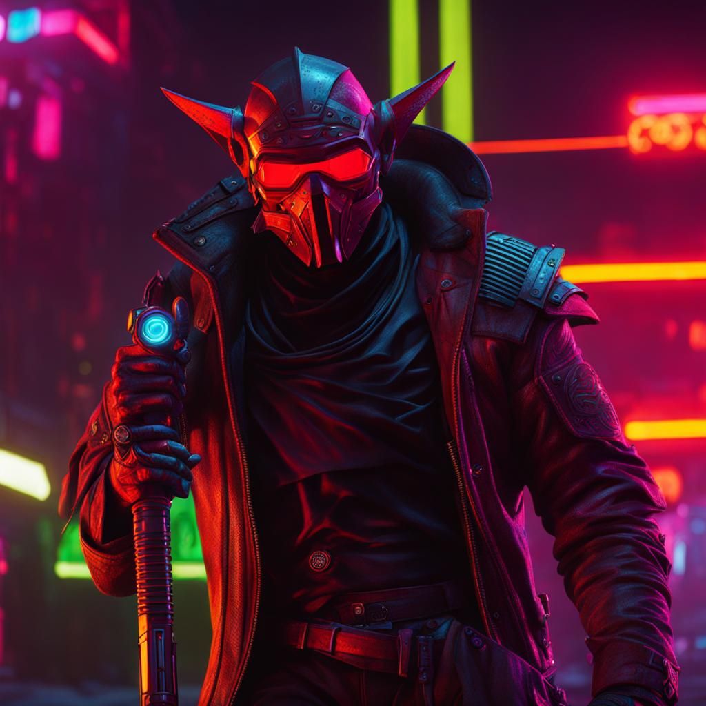 Cyberpunk Goblin Hunter in Neon Desert Landscape