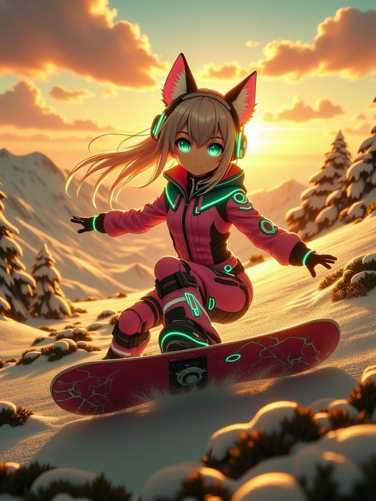 Anime Female Kitsune in snow suit snowboarding down a Mountainside with sunset in the background. Pink, blue, and green....