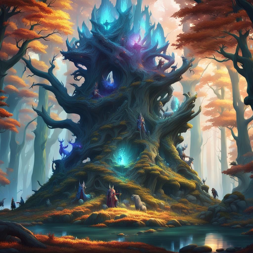 Mythical Creatures Gather in Mystical Forest