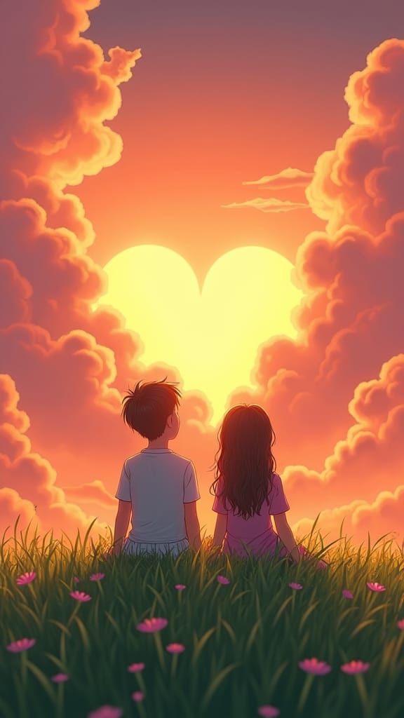 Couple Watching Sunset Sky as Digital Painting