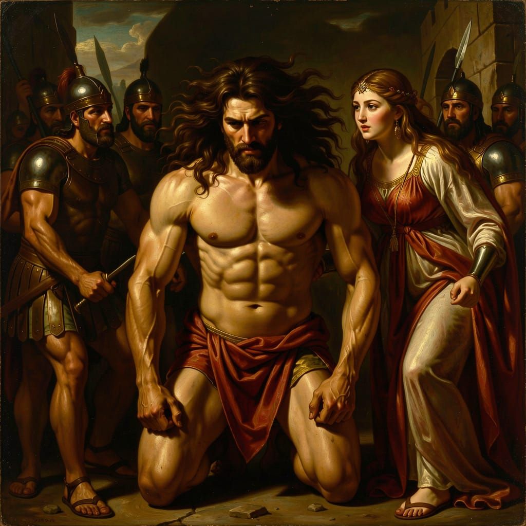 Samson Bound by Soldiers, Delilah Watches, Caravaggio Style