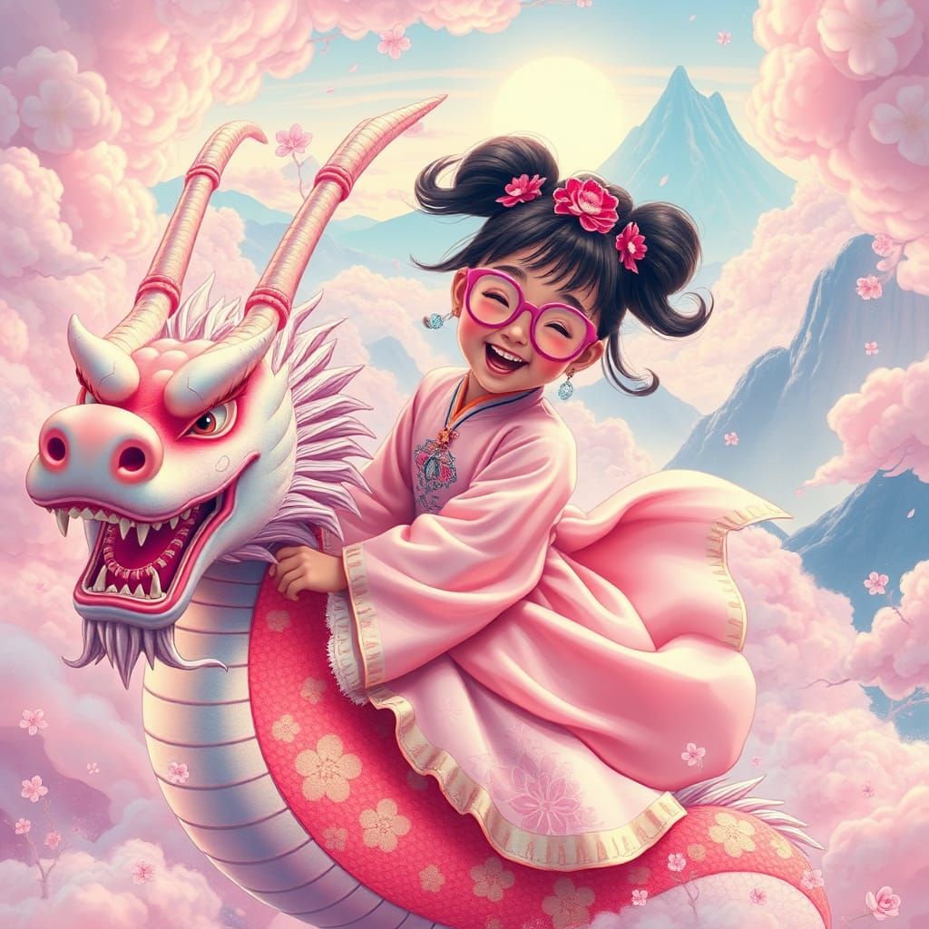 Girl on Dragon in Surreal Dreamscape, Ethereal Art
