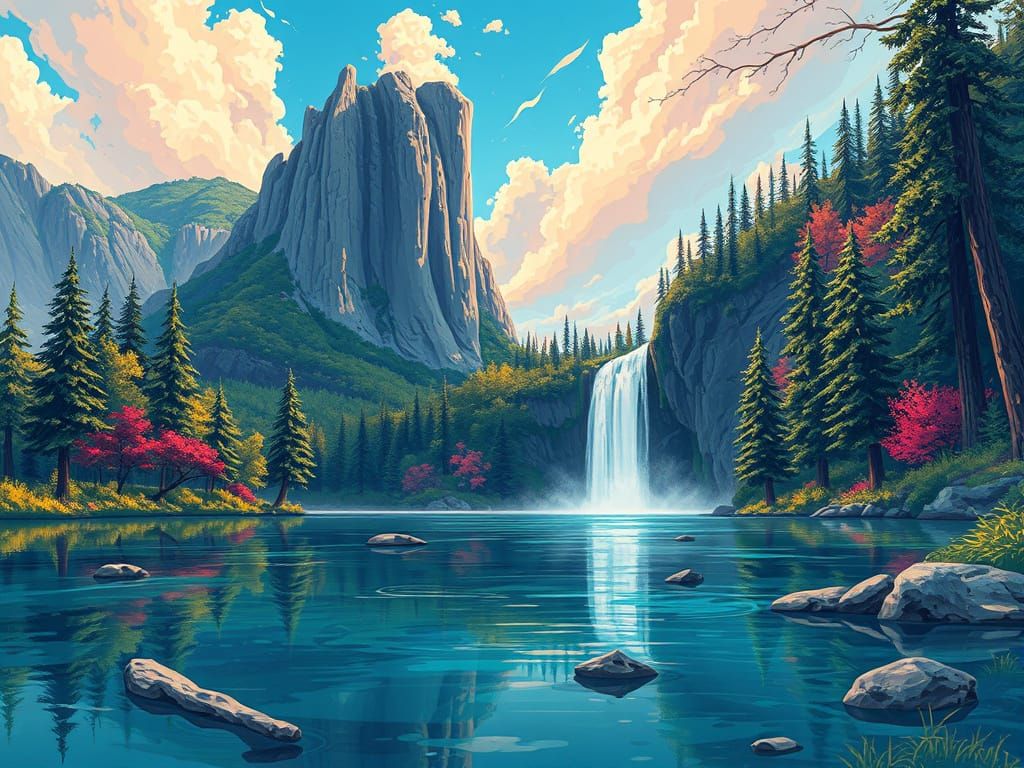 Dreamlike Lake Scene in Vibrant Fantasy Style