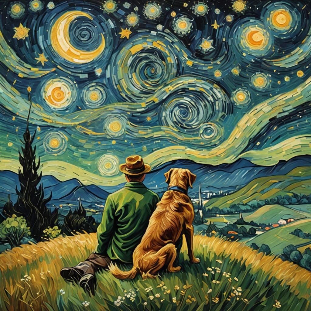 Man and Dog Stargazing: Van Gogh-Style Painting