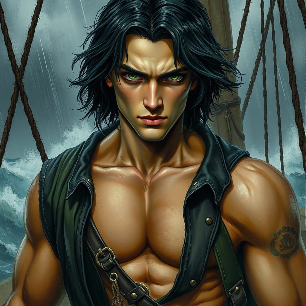 Pirate in Storm on Deck, Dark Fantasy Style