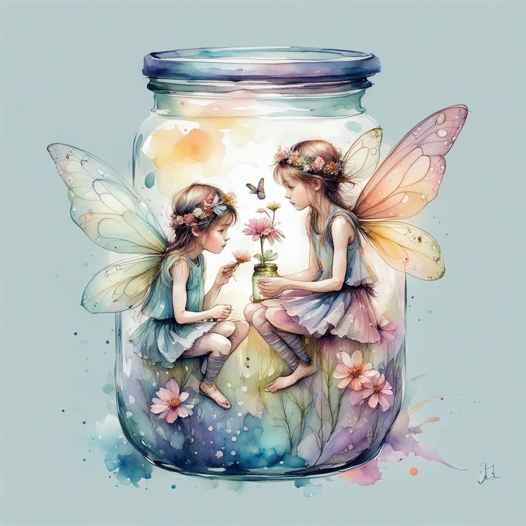 Pastel Jar Fairies in Watercolour Style