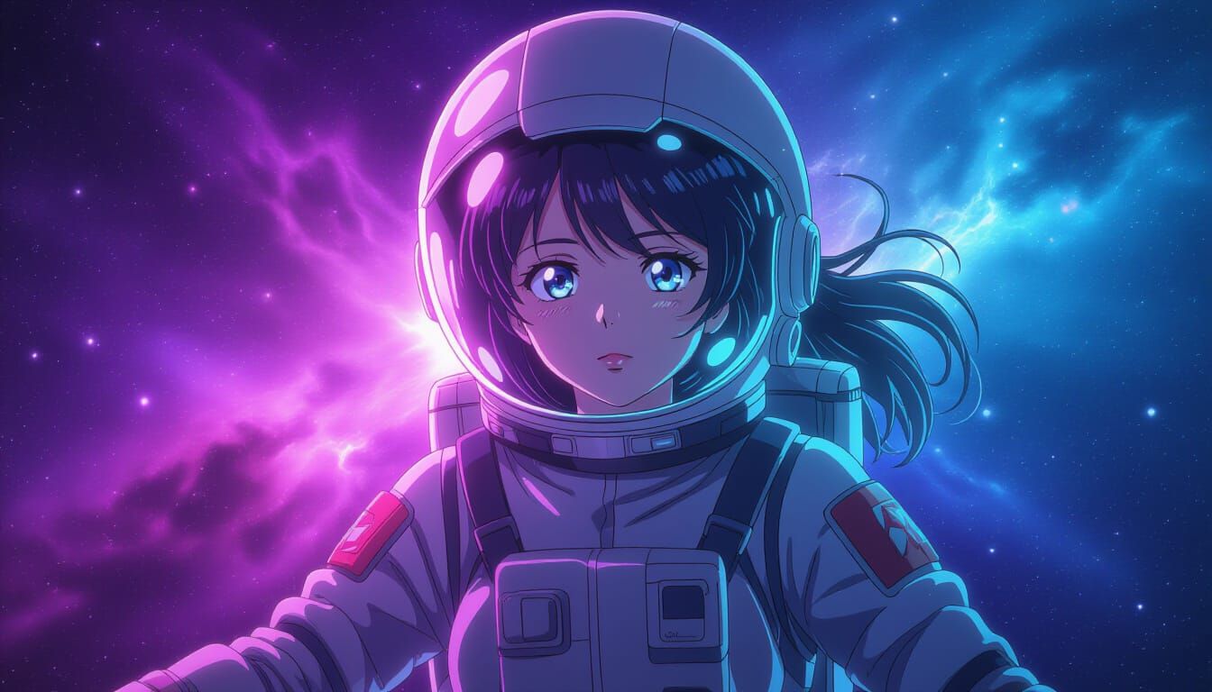 Anime Astronaut Floating in Vibrant Cosmic Nebulae