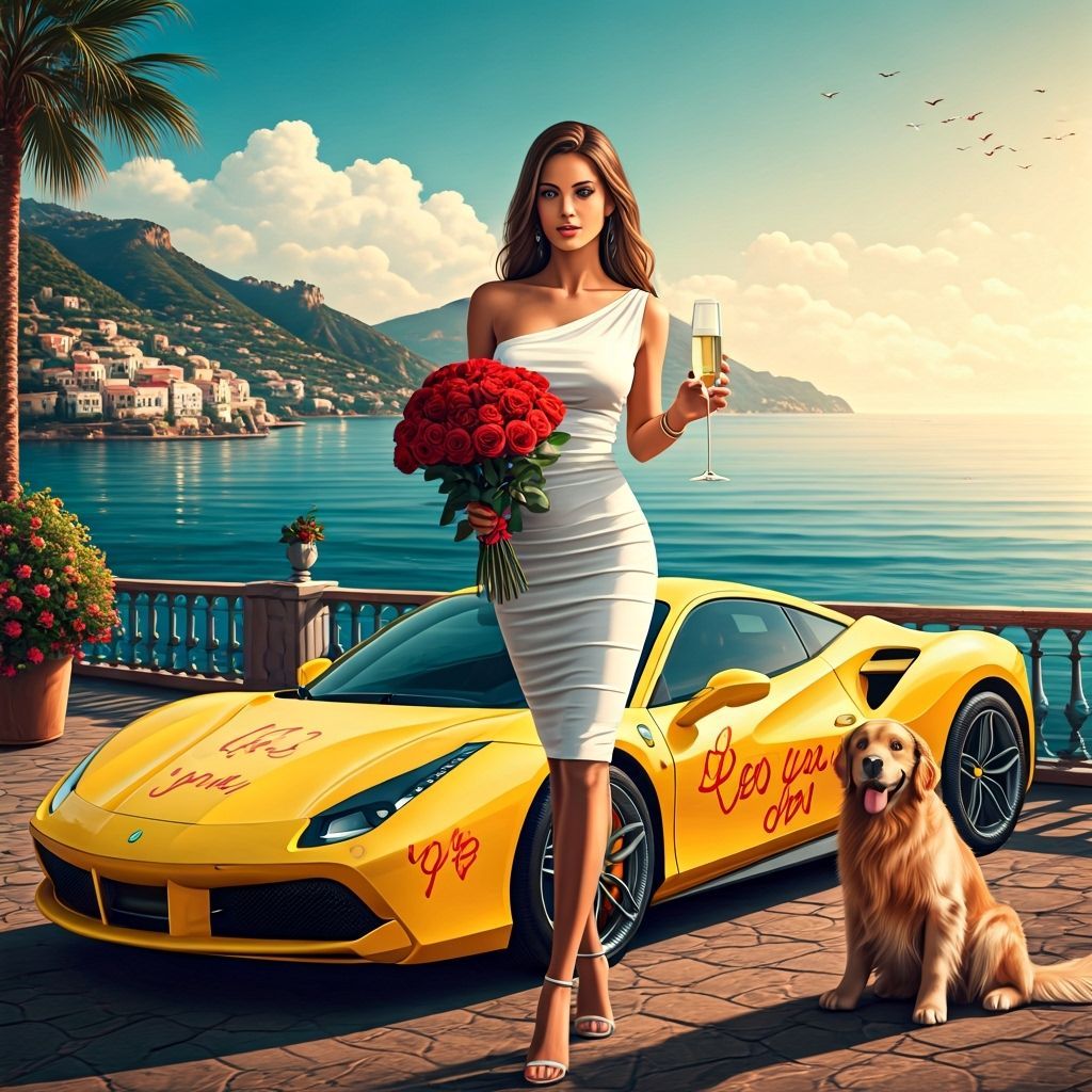 Elegant Woman with Roses and Ferrari in Mediterranean Sun