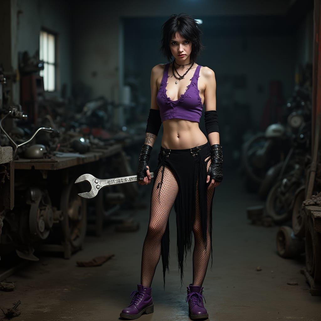 Rebellious Biker Woman in Gritty Motorcycle Garage