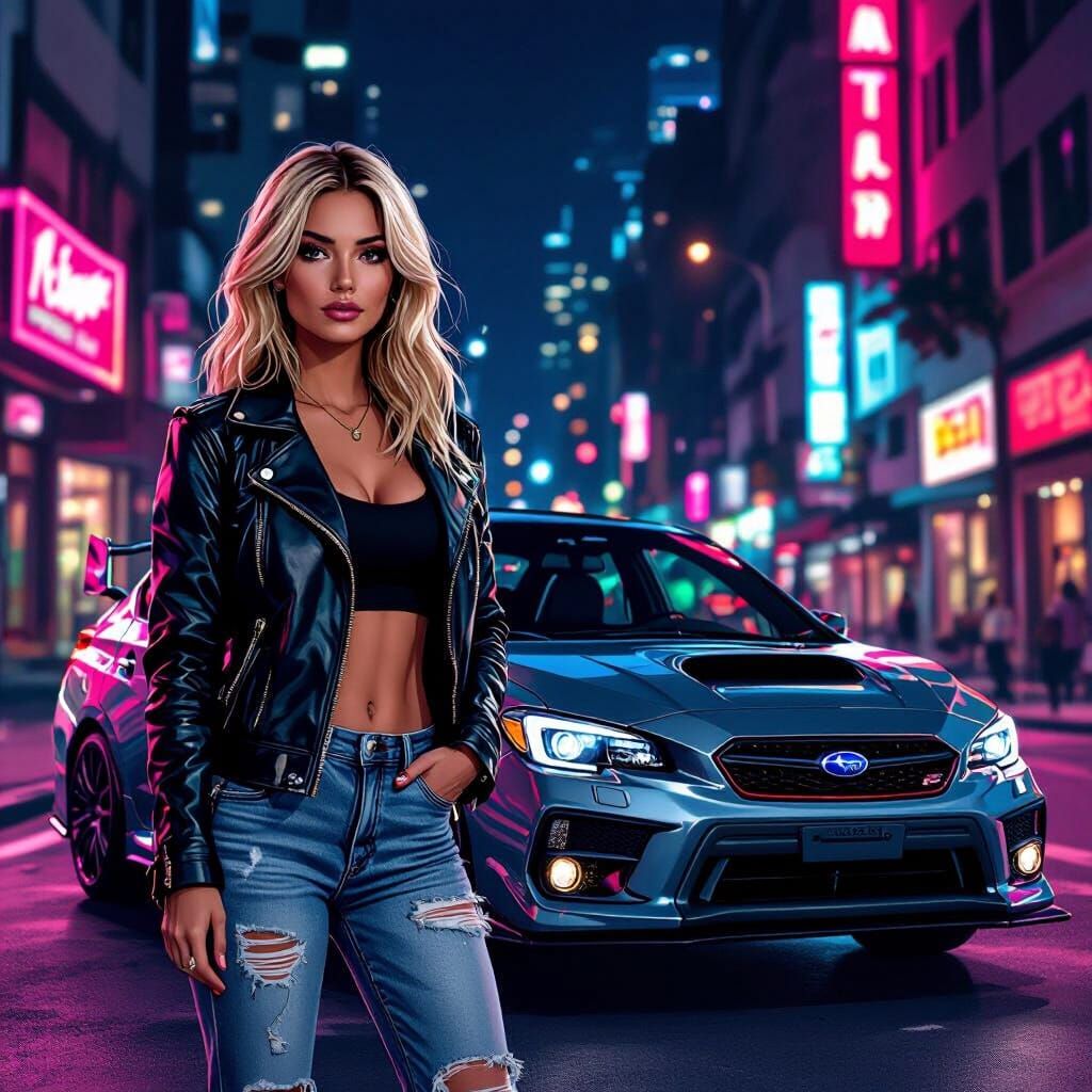 Subaru WRX STI in Neon Cityscape, Illustrated