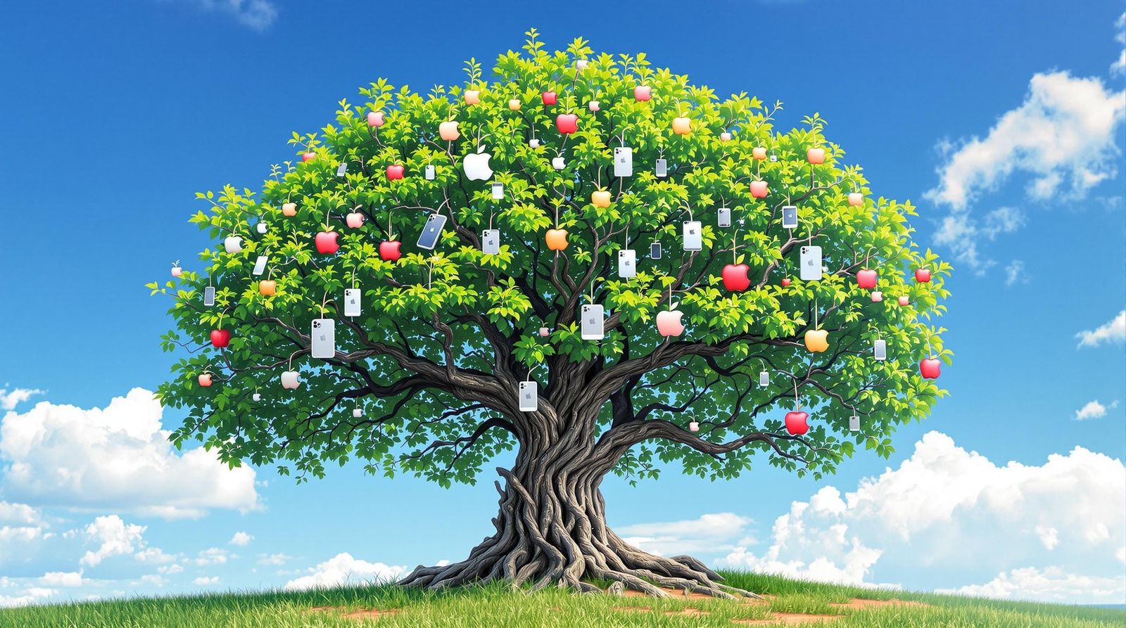 Realistic Tree Blooms with Modern Fruits in Sunny Landscape