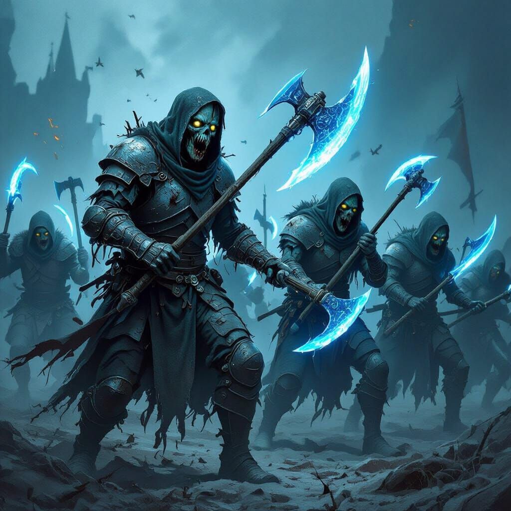 Medieval Zombie Horde with Glowing Axes in Dark Fantasy Styl...