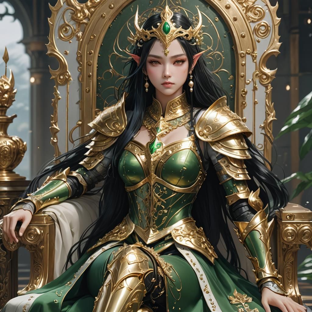 Majestic Sea-Elf Queen in Golden Armor, 3D Anime Art