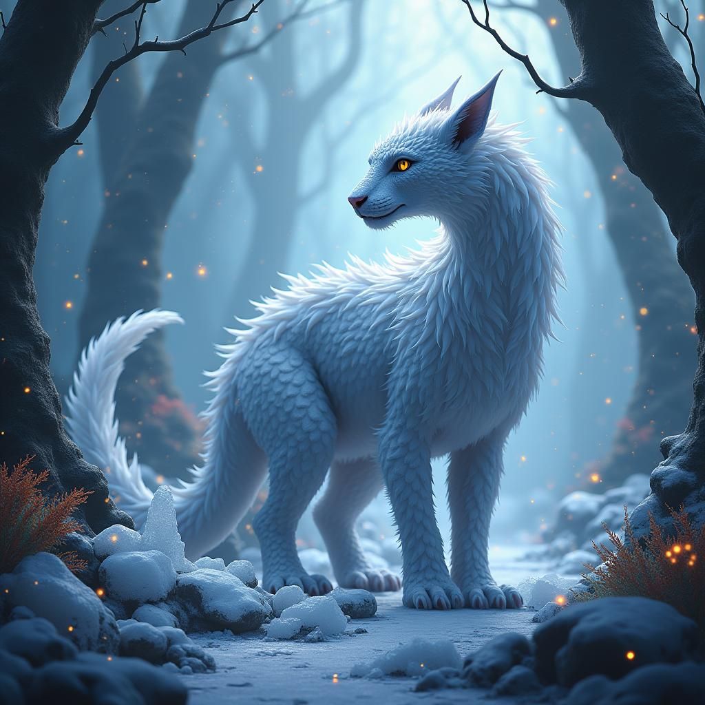 Snow Leopard Dragon in Mystical Forest
