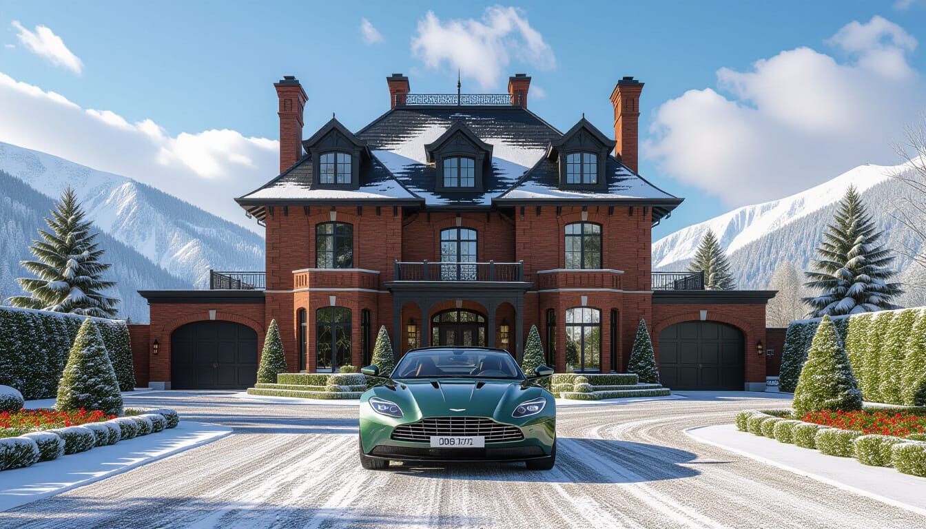 Victorian Chateau With Aston Martin in Snowy Landscape