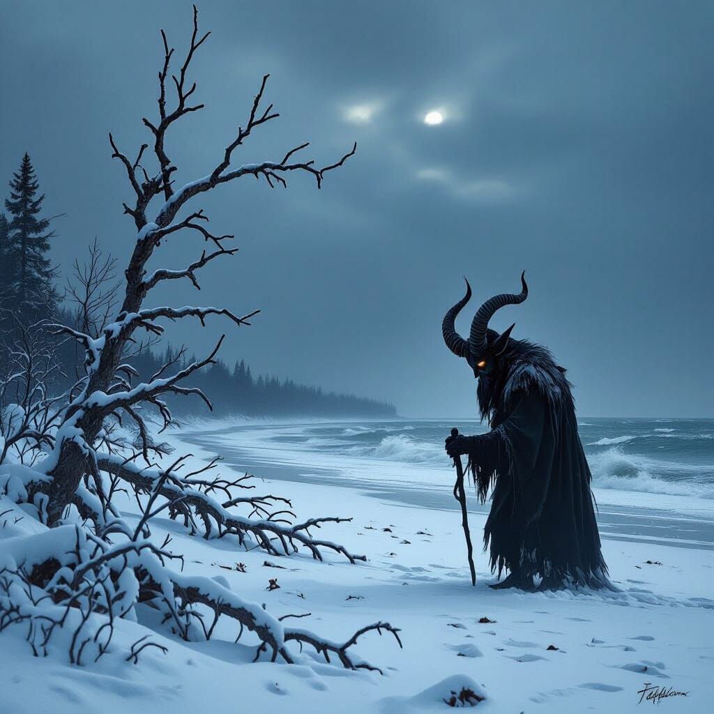 Krampus on a Snowy December Beach in Michigan