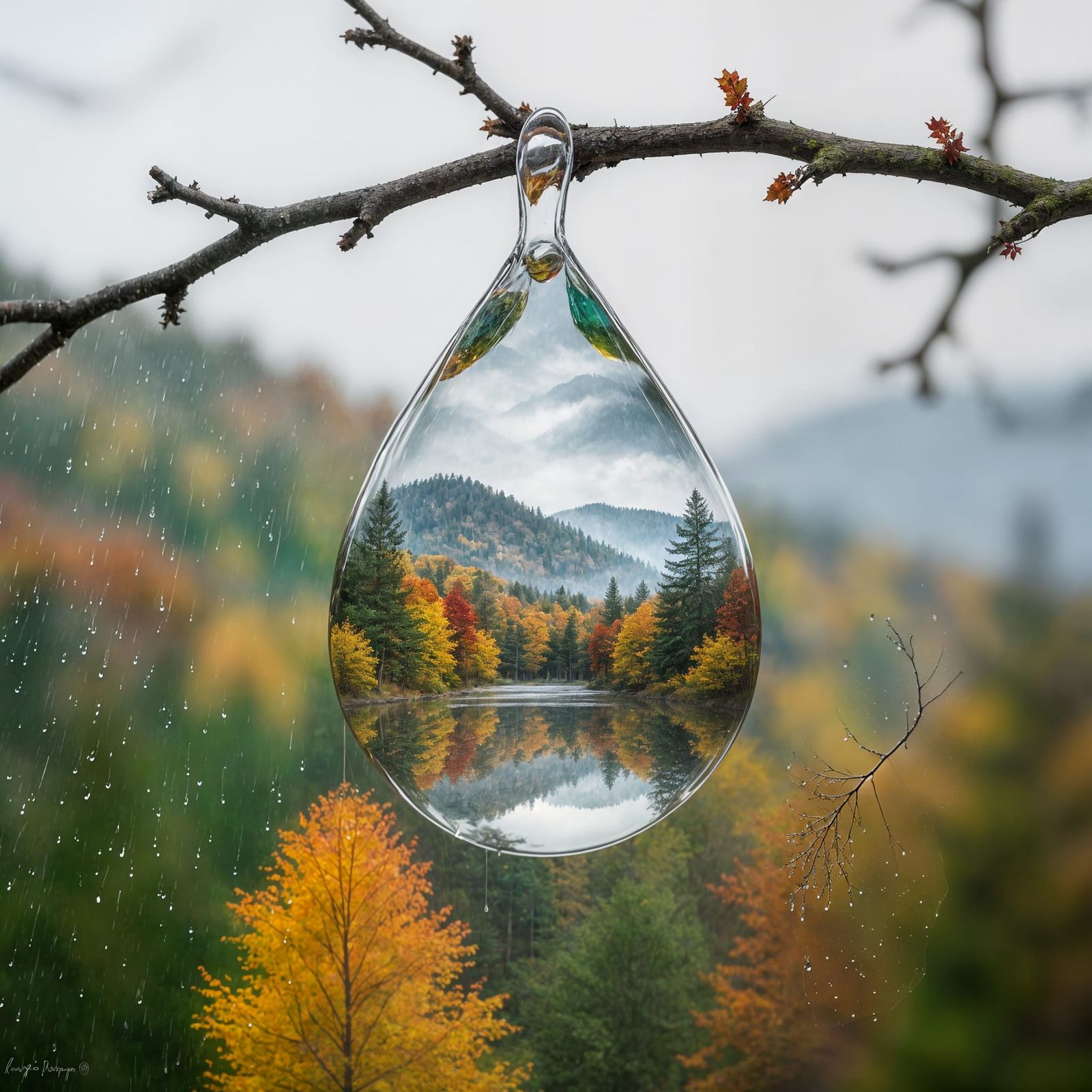Double Exposure: Raindrop with Fall Forest