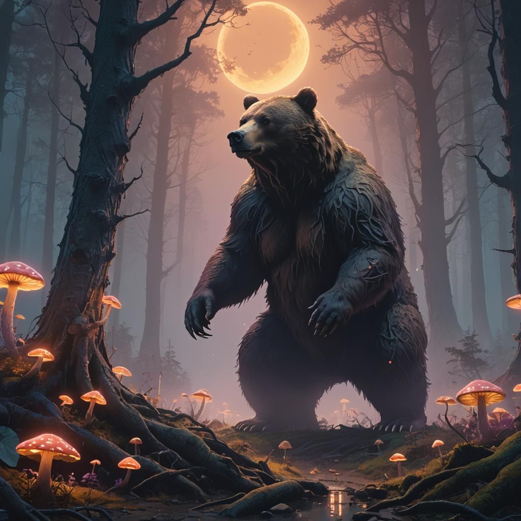Bear in Misty Forest with Glowing Mushrooms