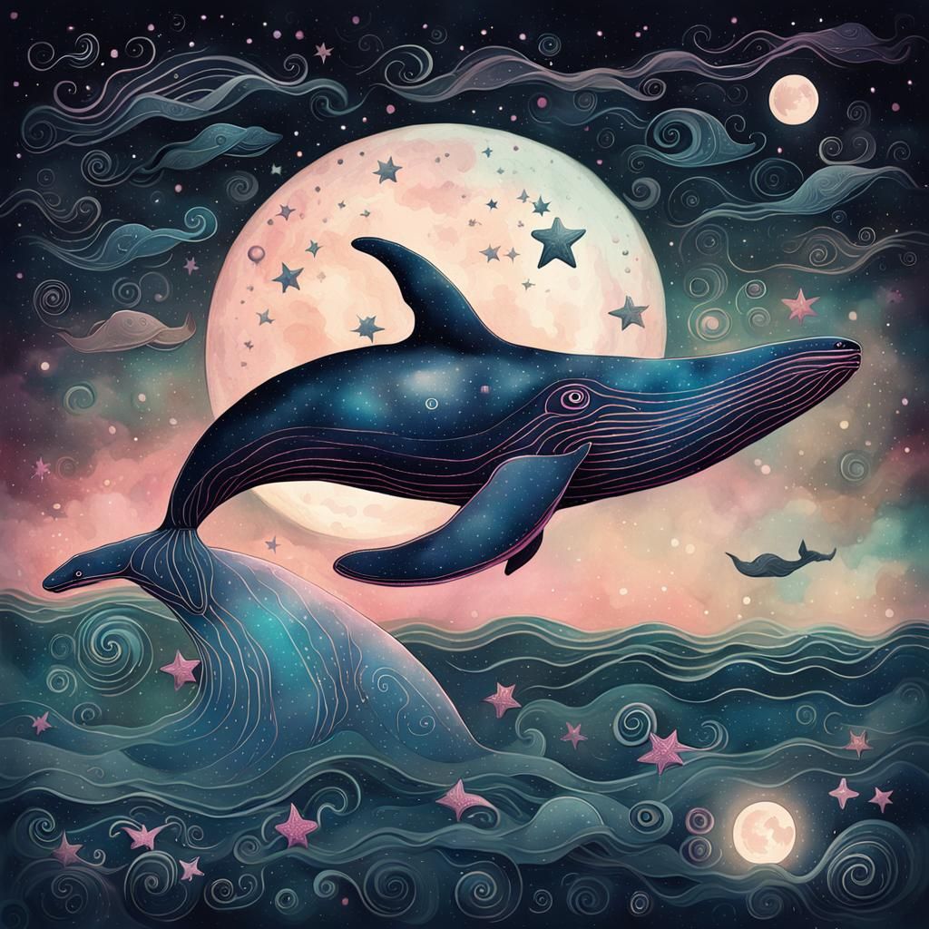 Pink Whale Swimming in a Pink Sea Digital Illustration