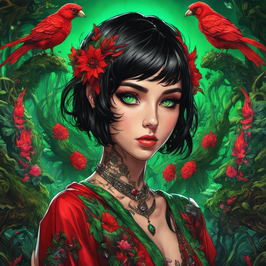 Anime Raver Goth Girl Portrait in Neon Forest