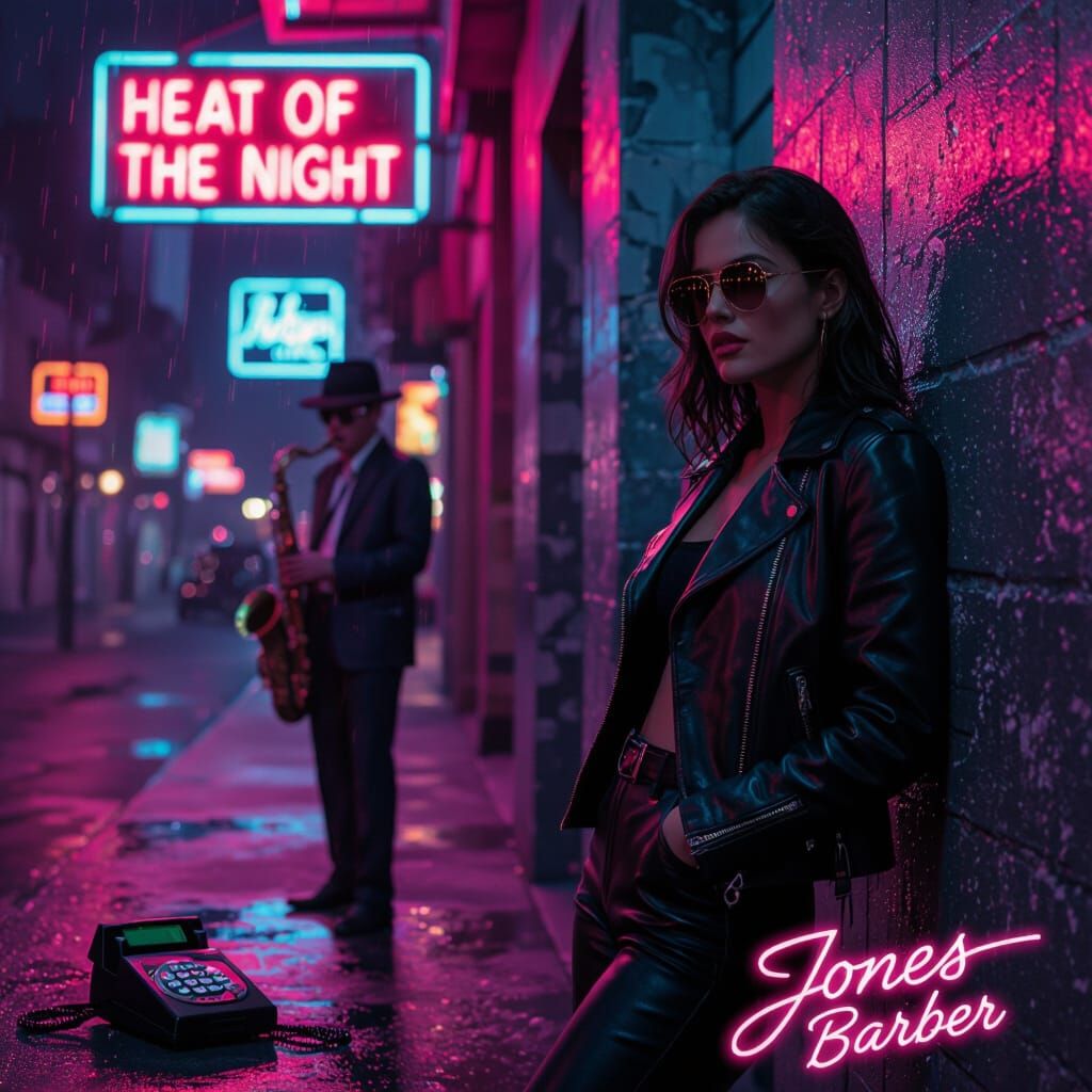 80s Neon Street Scene with Woman and Saxophonist